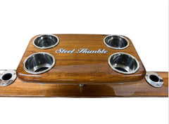 Party Boat - Boat Shaped Teak Tray Cup Holder w/ 4 Cup Holders and Rod Holder Ball Mount