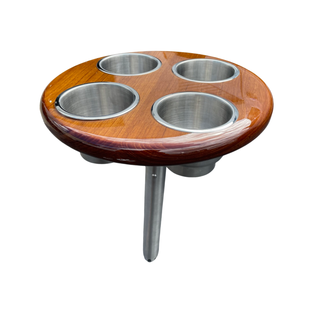 Party Disk - Circle Teak Tray Cup Holder w/ 4 Cup Holders and Rod Holder Ball Mount