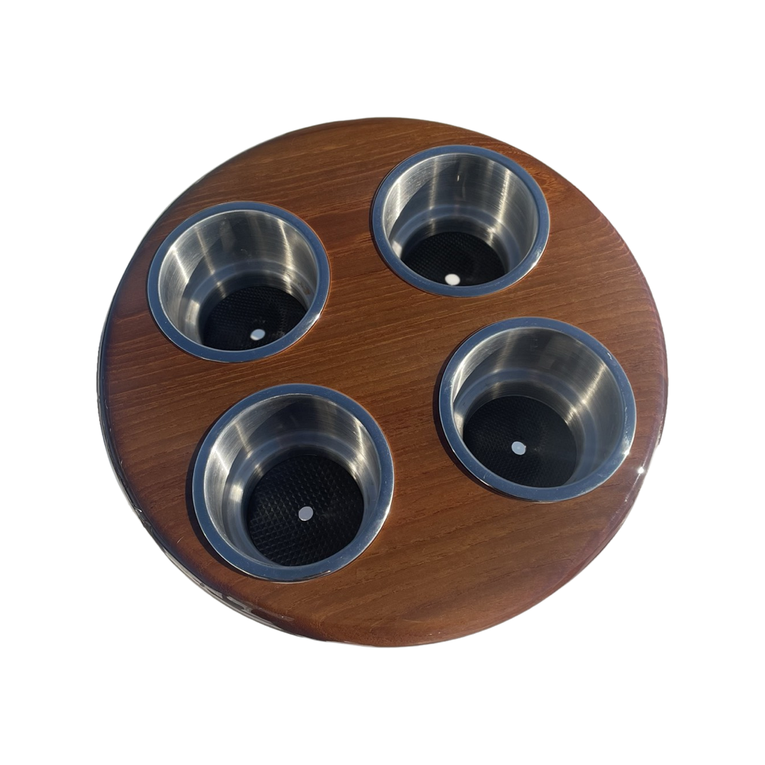 Party Disk - Circle Teak Tray Cup Holder w/ 4 Cup Holders and Rod Holder Ball Mount
