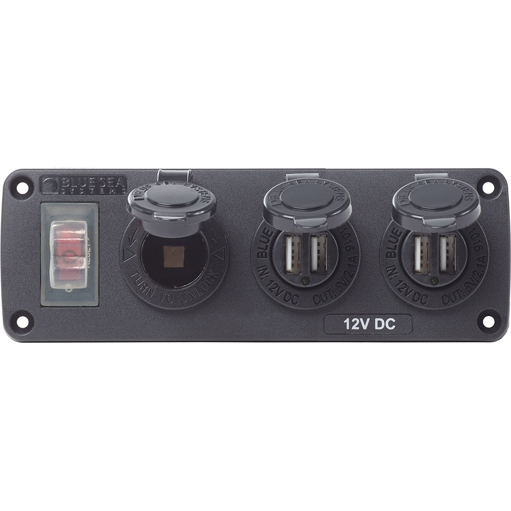 Blue Sea 4365 Water Resistant USB Accessory Panel - 15A Circuit Breaker, 12V Socket, 2x 2.1A Dual USB Chargers [4365]