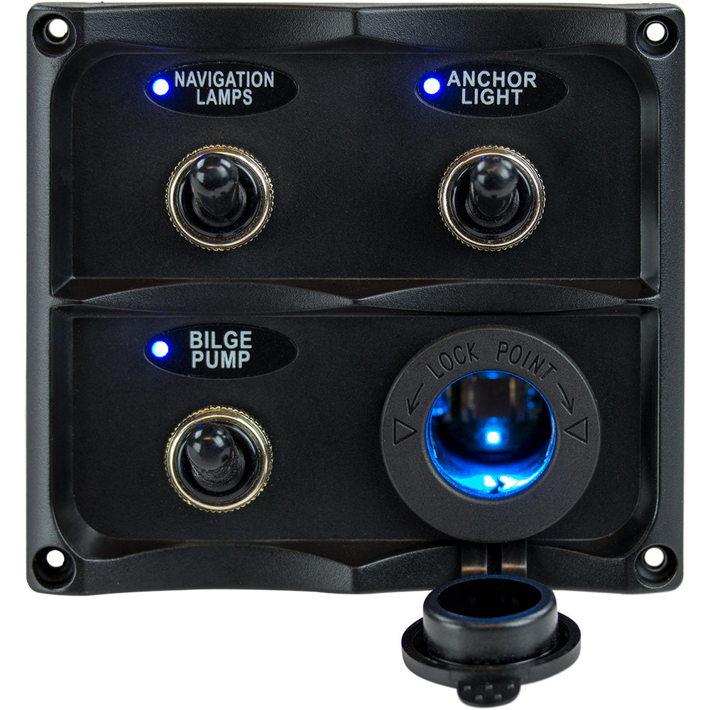 Sea-Dog Water Resistant Toggle Switch Panel w/LED Power Socket - 3 Toggle [424623-1]